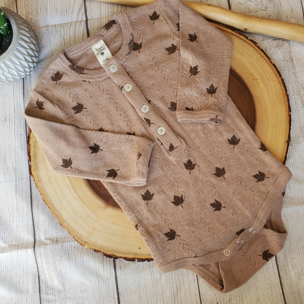 Kate Quinn 12-18 Month Leaf Onsie brown long sleeve button down